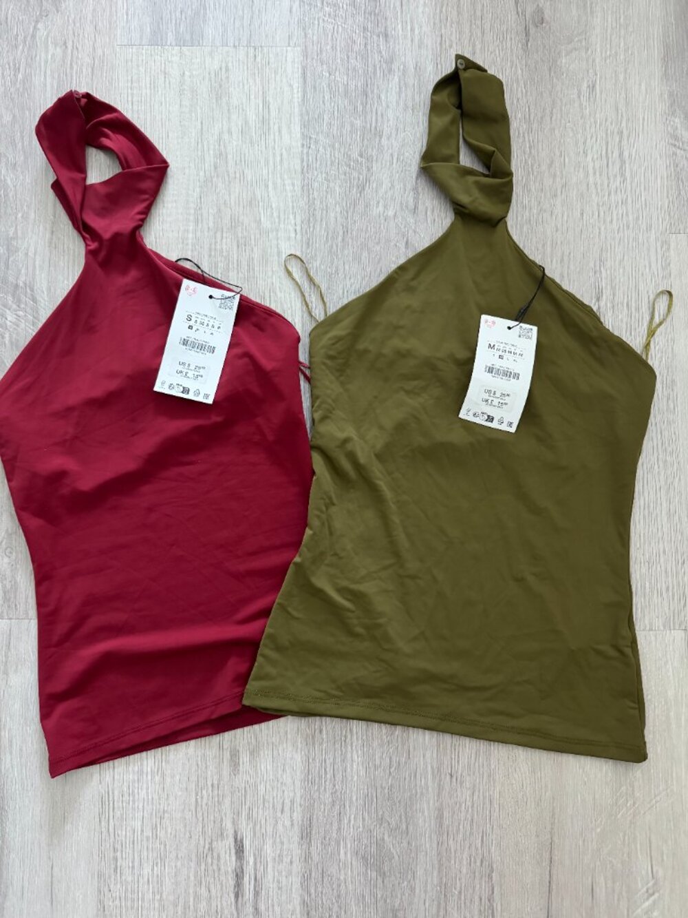 ZARA Halter Neck Open-Back Tops NWT 2-Piece Bundle Burgundy & Olive Green